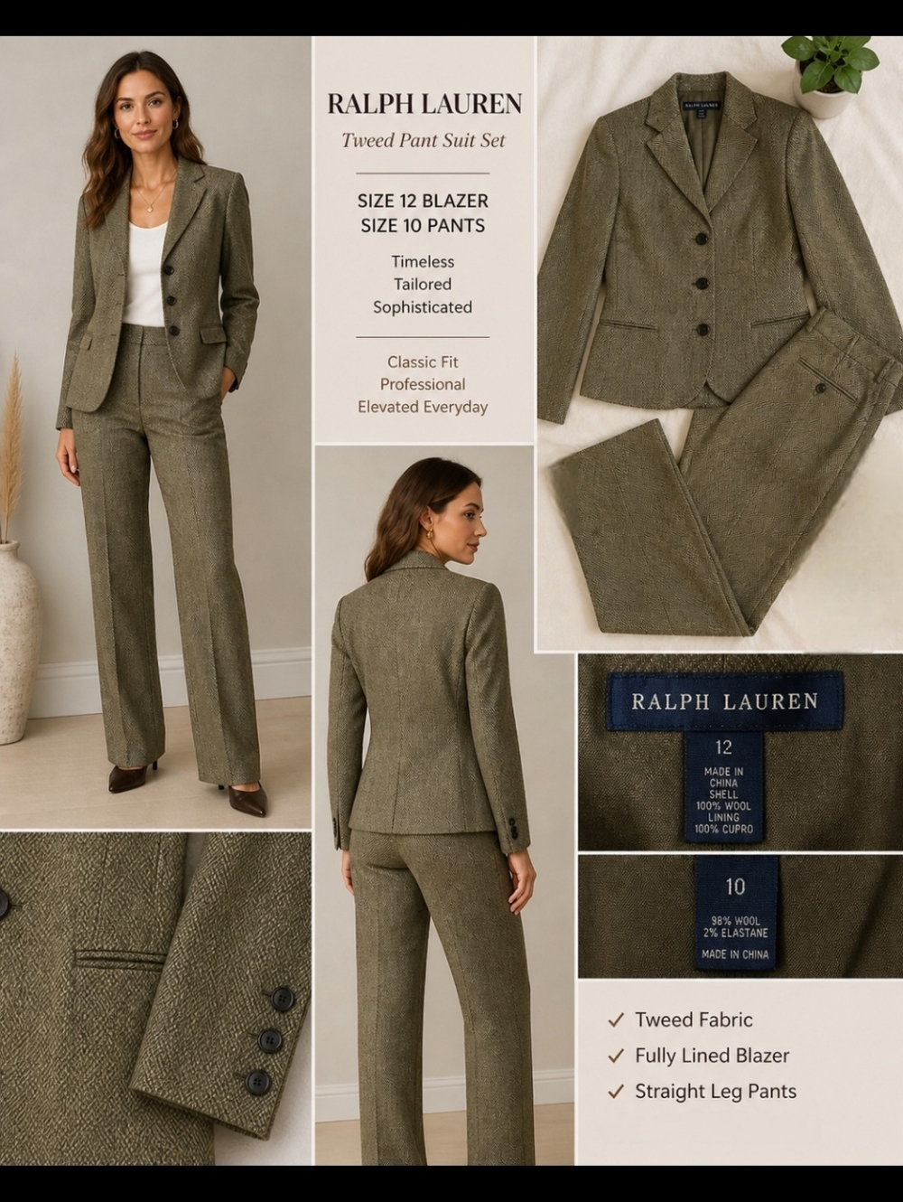 Lauren Ralph Lauren Wool Tweed Suit Set Tailored Blazer 12 Slacks 10 Neutral NWT